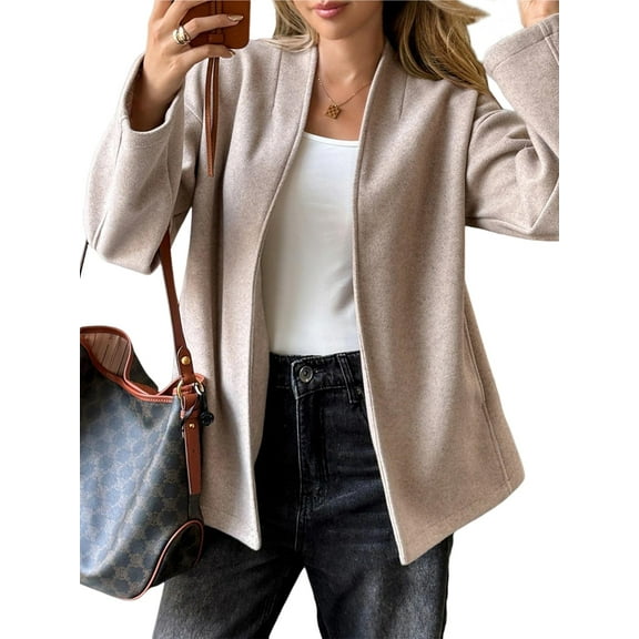 Wool Coats for Female Fall Winter Casual Open Front Peacoat Trendy Warp Jackets with Belt Light Brown M