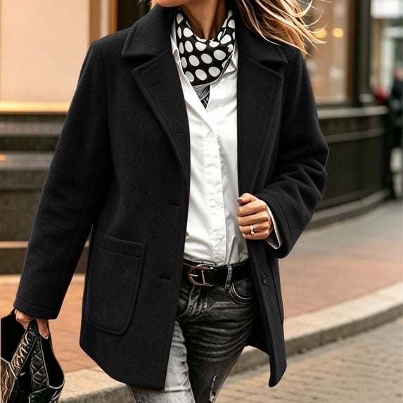 Wool Coats for Women Double Breasted Lapel Collar Trench Coat Elegant Winter Jackets Ladies Solid Plain Pea Coat for Work Office Casual Black XXXL