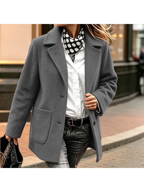 Wool Coats for Women Double Breasted Lapel Collar Trench Coat Elegant Winter Jackets Ladies Solid Plain Pea Coat for Work Office Casual Gray M