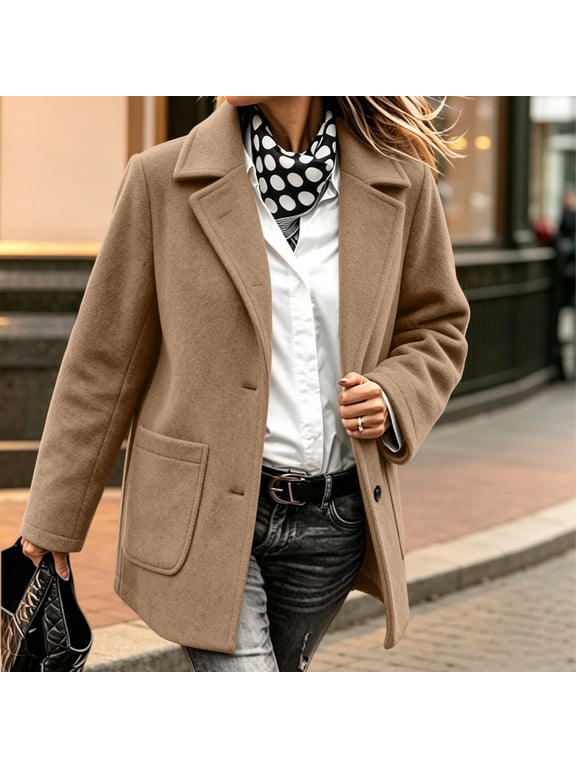 Wool Coats for Women Double Breasted Lapel Collar Trench Coat Elegant Winter Jackets Ladies Solid Plain Pea Coat for Work Office Casual Khaki M