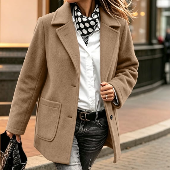 Wool Coats for Women Double Breasted Lapel Collar Trench Coat Elegant Winter Jackets Ladies Solid Plain Pea Coat for Work Office Casual Khaki S
