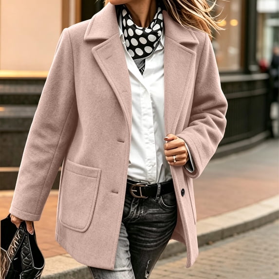 Wool Coats for Women Double Breasted Lapel Collar Trench Coat Elegant Winter Jackets Ladies Solid Plain Pea Coat for Work Office Casual Pink XXXL