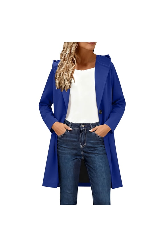 Wool Coats for Women Fashion Hooded Long Pea Coat Notched Lapel Collar Breasted Trench Overcoat Warm Winter Clothing