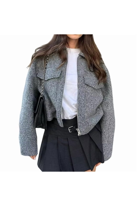 Wool Coats for Women Lapel Zip Up Copped -Jacket Outerwear with Pockets Gray M