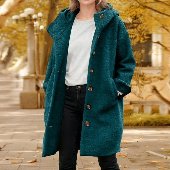 Wool Coats for Women, Winter Single Breasted Long Wool Coat with Hooded Casual Blend Jacket for Women Turquoise L