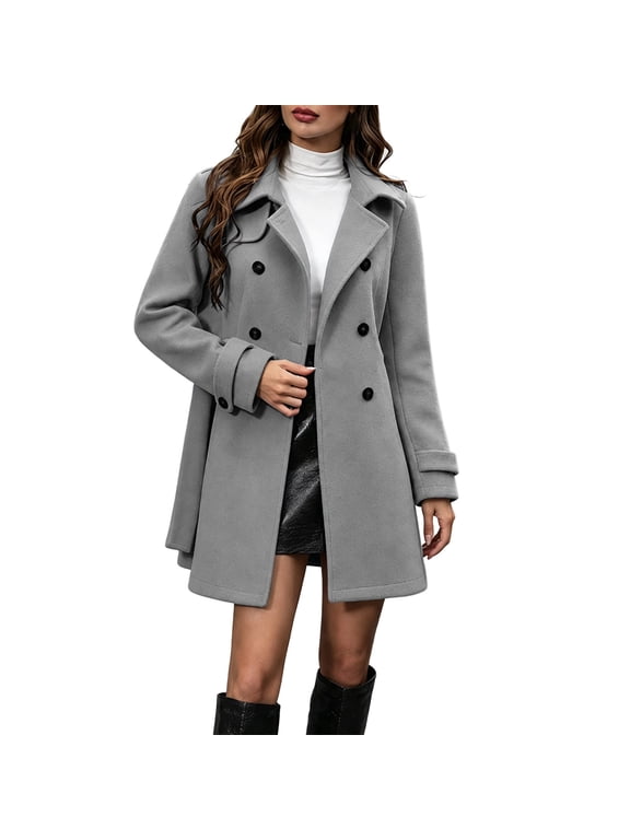 Wool Coats for Women, Women's Peacoat Double Breasted Pea Coat Mid-Length Dress Coat Warm Winter Overcoat(Gray,XXL)