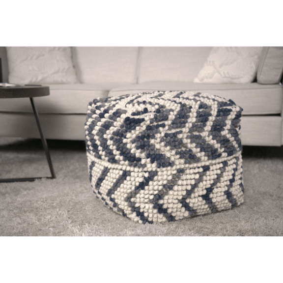Wool & Cotton Pouf with Natural Blue Accents Durable, Cozy, and Stylish Home Accent