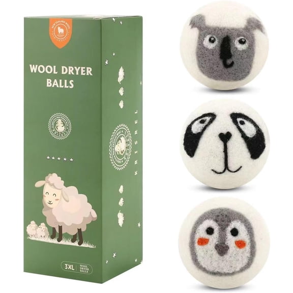 Wool Dryer Balls 3 Pack XL, Natural Fabric Softener New Zealand WoolHandmade Organic Laundry Dryer Balls, Reusable 1000 Loads,Wrinkles Free, Shorten Drying Time3 Pack,Animal Pattern