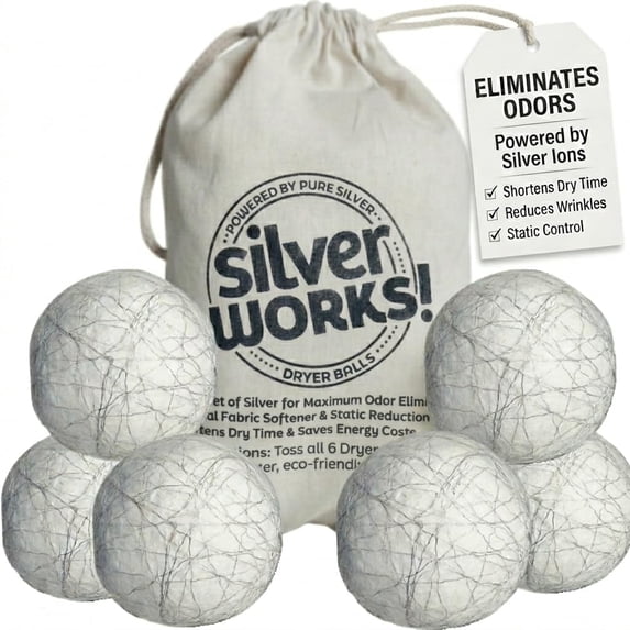 Wool Dryer Balls Laundry Reusable - Odor Eliminating Dryer Laundry Balls with Silver Technology - Natural Fabric Softener and Static Reducer, Reduce Drying Time and Energy Costs - 6 Pack