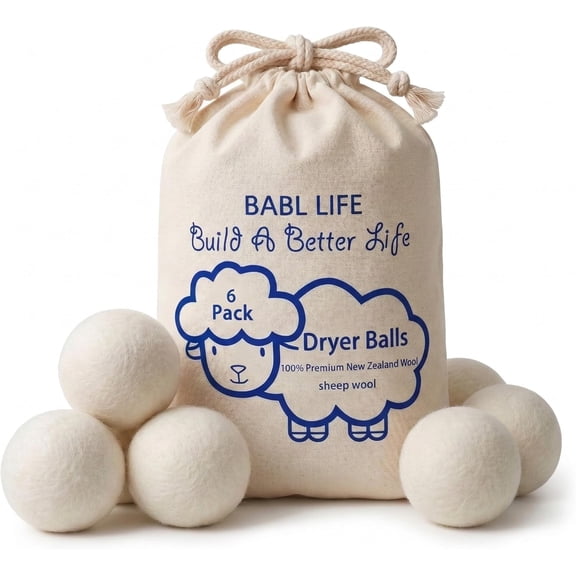 Wool Dryer Bs 6 Pack, 2.6 Inch, 100% New Zealand Wool, Reusable Natural Fabric Softener for Everyday Laundry, Helps Reduce Drying Time, Wkles and Static Cling