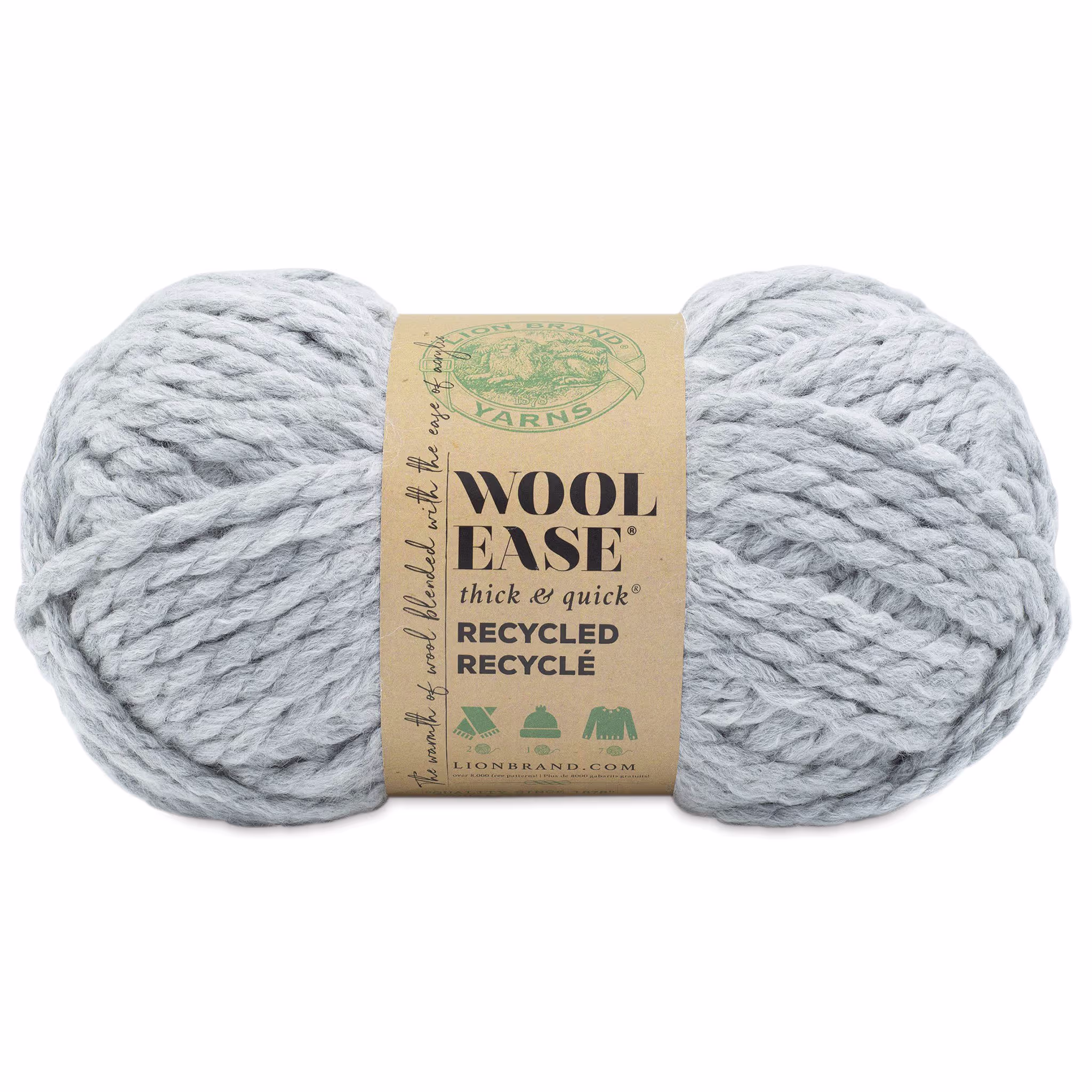 Lion Brand Yarn Wool Ease Thick & Quick Recycled Yarn, Grey, 6 oz