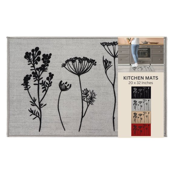 Wool Effect Wildflowers Kitchen Mat 32 x 20 Inches Gray Black
