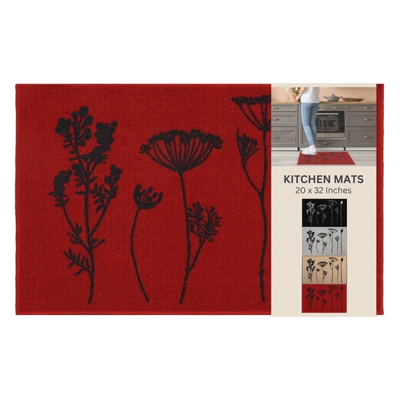 Wool Effect Wildflowers Kitchen Mat 32 x 20 Inches Red Black