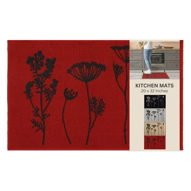 Wool Effect Wildflowers Kitchen Mat 32 x 20 Inches Red Black