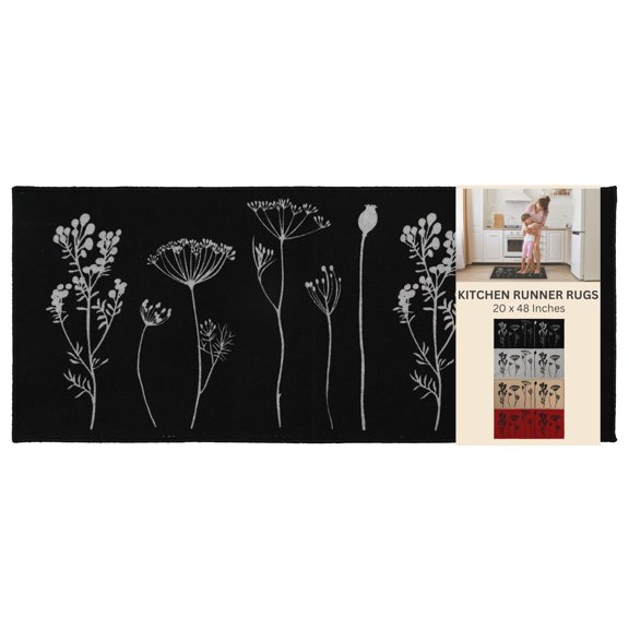 Wool Effect Wildflowers Kitchen Runner Rug 48 x 20 Inches Black Gray