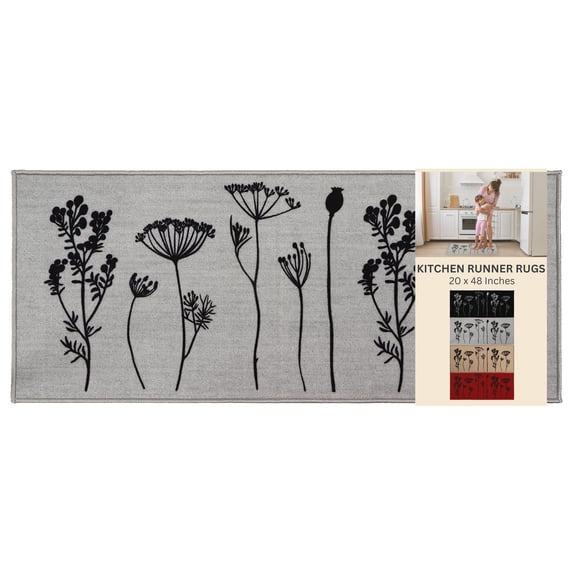 Wool Effect Wildflowers Kitchen Runner Rug 48 x 20 Inches Gray Black