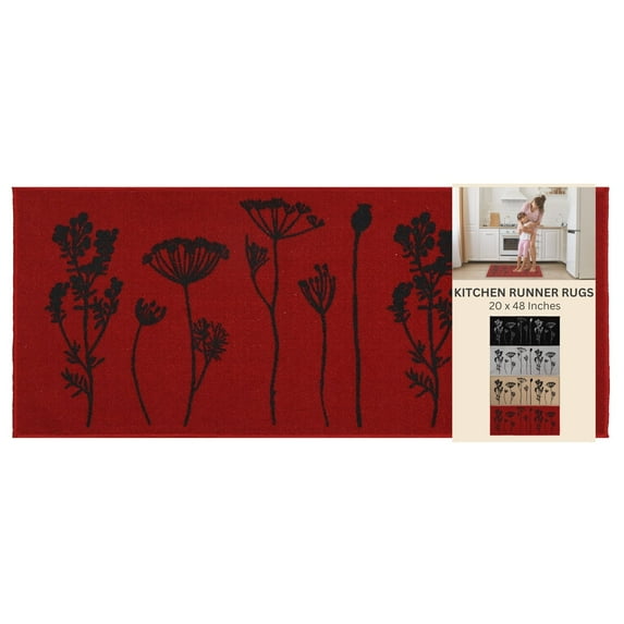 Wool Effect Wildflowers Kitchen Runner Rug 48 x 20 Inches Red Black