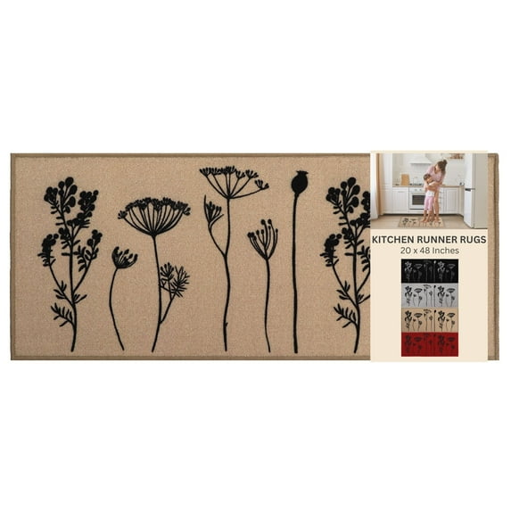 Wool Effect Wildflowers Kitchen Runner Rug 48 x 20 Inches Tan Black