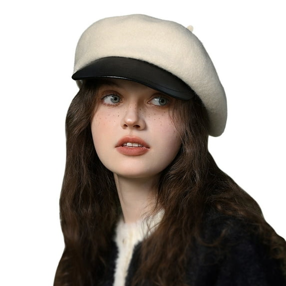 Wool Fashion Newsboy Hats for Women Winter Warm Pageboy Cabbie Cap Beret,Color:White,Size:One Size