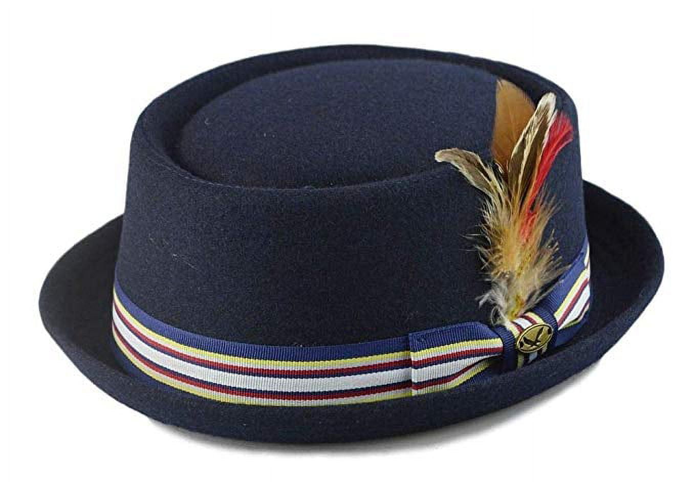 Wool Fedora Hat w Feather Stripe Band Classic Round Pork Pie