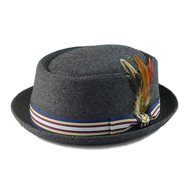 Wool Fedora Hat w Feather Stripe Band Classic Round Pork Pie