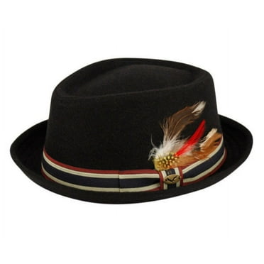 Wool Fedora Hat w/Feather Stripe Band Diamond Shape Classic Pork Pie
