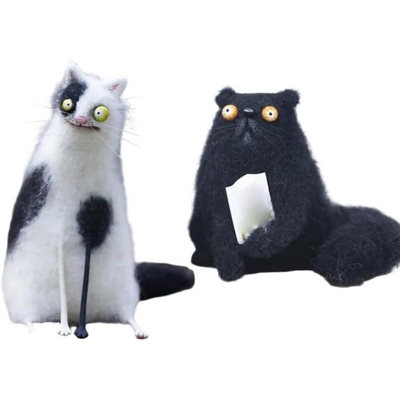 Wool Felt Familiars - Quirky Handmade Companion, Wide-Eyed Weird Cute Felted Companions, Big-Eyed Cat & Opossum Figurines, Unique Mini Animal Decor, Fun Gifts for Family and Friends (A+C)
