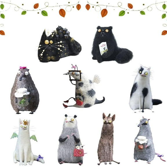 Wool Felt Familiars – Quirky Handmade Companions, Anxious Mother Opossum, Funny Black Cat Needle Felt Figurine, 4" Wool Cat Figurines Tabletop Decor, Cute Big-Eyed Panicked Weirdo Gift(Mix)