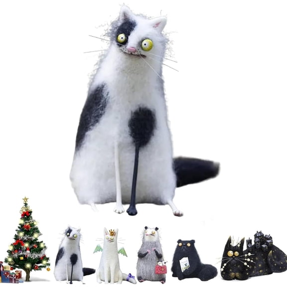 Wool Felt Familiars – Quirky Handmade Companions, Whimsical Christmas Felt Cat Ornament, Anxious Mother Opossum, Big-Eyed Cat & Opossum Figurines (A)