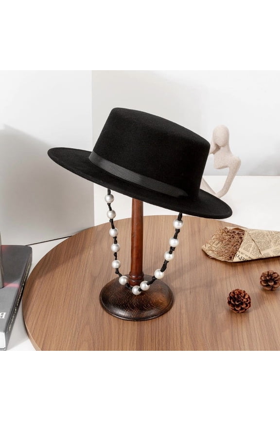 Wool Felt Flat Top Fedora Hat Women Vintage Wide Brim Pearl Chain Autumn Winter