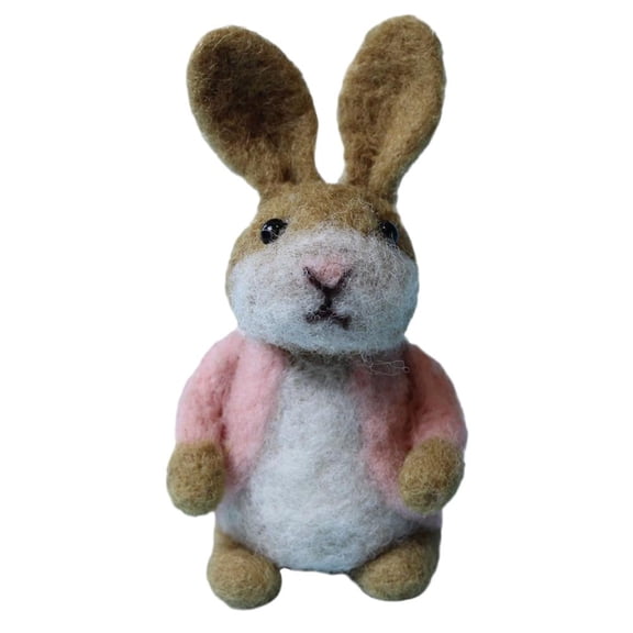 Wool Felt Rabbit Figurine With Vibrant Jacket Handcrafted Home Decor Accent For Shelf Or Desk