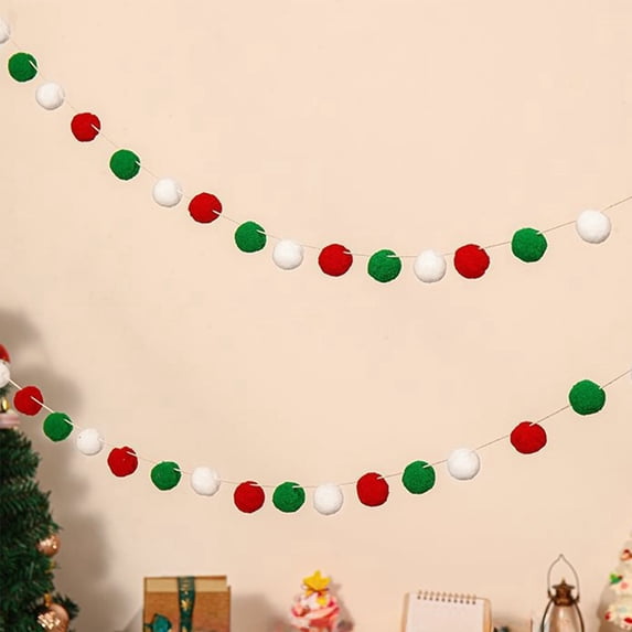 Wool Felt Rainbow Ball Garland Colorful Pom Pom 6.6 ft Long 20 Ball Garland for Easter Mardi Gras Classroom Halloween Thanksgiving Xmas (Red Ivory and Green)