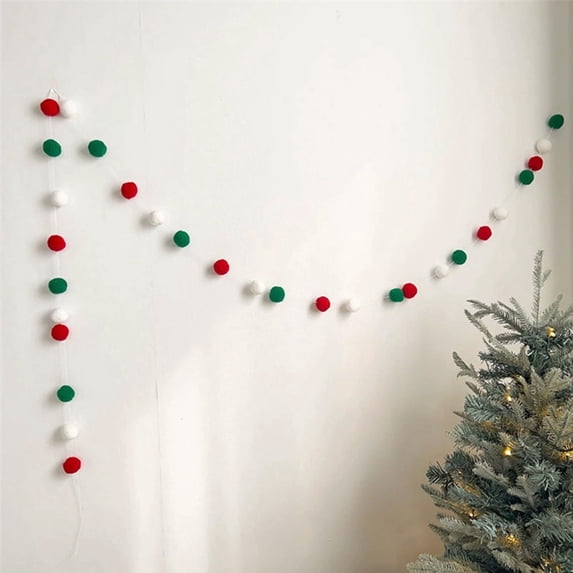 Wool Felt Rainbow Ball Garland Colorful Pom Pom 6.6 ft Long 30 Ball Garland for Easter Mardi Gras Classroom Halloween Thanksgiving Xmas (Red White and Green)