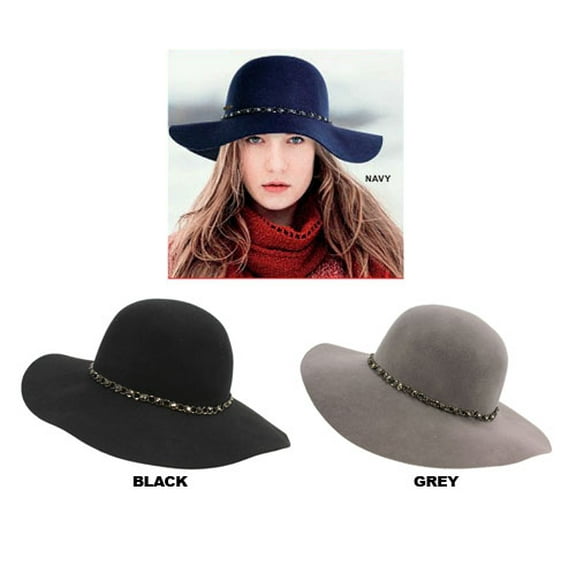 Wool Felt Wide Brim Hats w/ a Rhinestone Chain Band – HT-FW-1, Black