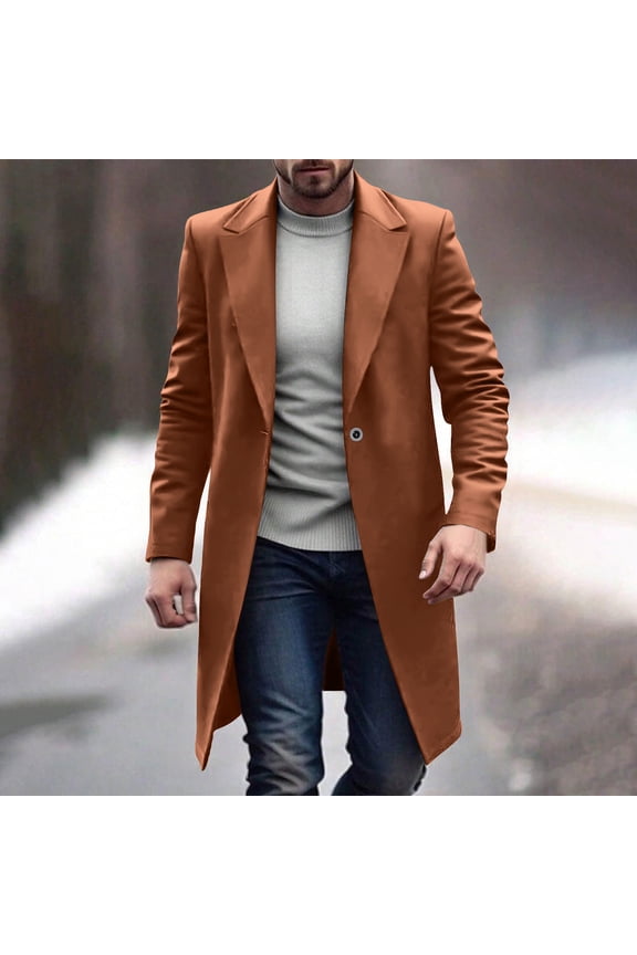 Wool Jackets for Men Long Trench Coat Notched Collar Peacoats Single Breasted Windbreaker Overcoats with Pockets