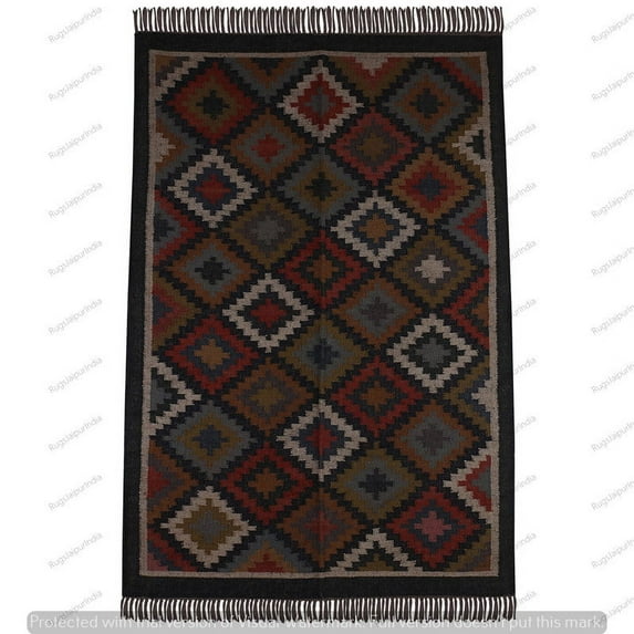 Wool Jute Kilim Rug, Handwoven, Decorative Kilim Dhurrie Rug, Accent Traditional Indian/WOOL JUTE RUGS Bohemian Modern Gifts Rug ( 3x5 Ft ) ( KILM- 19 )