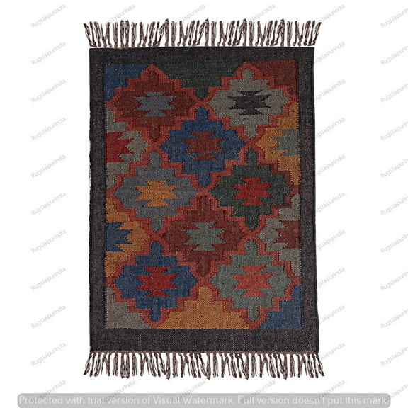 Wool Jute Kilim Rug, Handwoven, Decorative Kilim Dhurrie Rug, Accent Traditional Indian/WOOL JUTE RUGS Bohemian Modern Gifts Rug ( 3x5 Ft ) ( KILM- 45 )