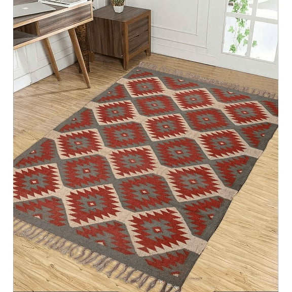 Wool Jute Kilim Rug, Handwoven, Decorative Kilim Dhurrie Rug, Accent Traditional Indian/WOOL JUTE RUGS Bohemian Modern Gifts Rug ( 8x10 Ft ) ( KILM- 79 )