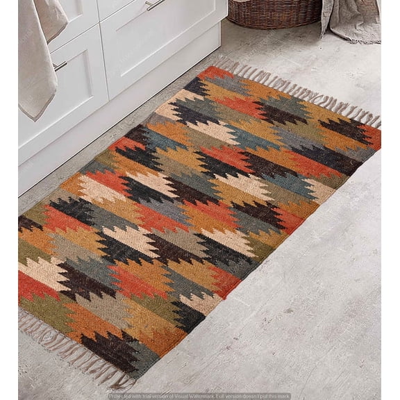 Wool Jute Kilim Runner Rug Area Runner Hallway Doormat Lobby Stair Bohemian Boho Home Living Décor Modern Runner ( 2 x 3 ft ) ( KILIM 30 )