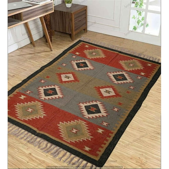 Wool Jute Rug, Bohemian Rugs, Jute Rug Wool Rug, Kilim Dhurri Wool and Jute Rug Handmade, Kilim Dhurrie Rug, Traditional Indian Oriental Decorative Accent Kilim Rugs ( 8x10 Ft ) ( KILM- 72 )