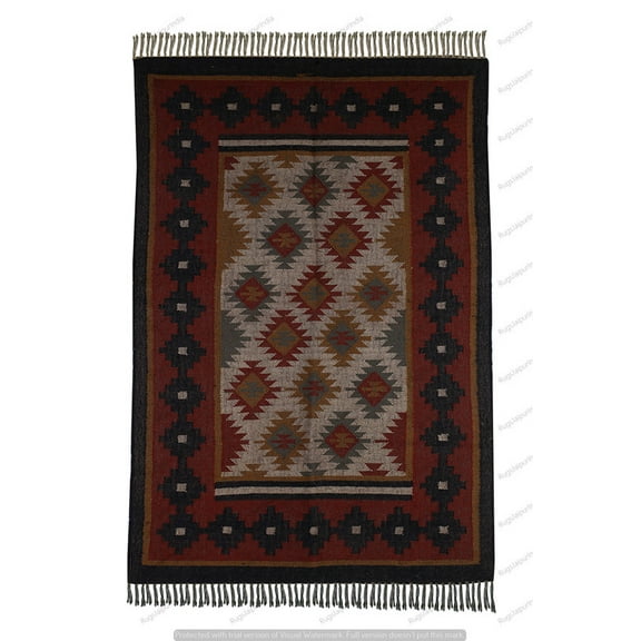 Wool Jute Rug, Bohemian Rugs, Jute Rug Wool Rug, Kilim Dhurri Wool and Jute Rug Handmade, Kilim Dhurrie Rug, Traditional Indian Oriental Decorative Accent Kilim Rugs ( 3x5 Ft ) ( KILM- 18 )