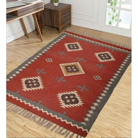 Wool Jute Rug, Bohemian Rugs, Jute Rug Wool Rug, Kilim Dhurri Wool and Jute Rug Handmade, Kilim Dhurrie Rug, Traditional Indian Oriental Decorative Accent Kilim Rugs ( 3x5 Ft ) ( KILM- 78 )