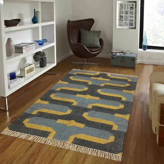 Wool Jute Rug Large Wool Jute Area Rug 7x10 Kilim Rug - Yellow Black Natural Woo