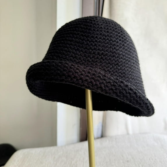 Wool Knit Bucket Hat for Women, Ribbed Brim Fisherman Beanie Style Cap, Warm Winter Fashion Hat for Daily Streetwear and Cold Days Black