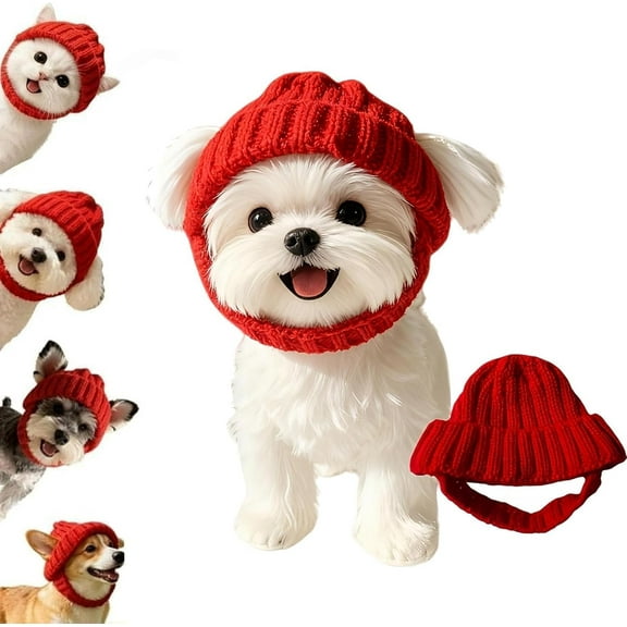 Wool Knit Dog Beanie with Ear Flaps - Warm Fleece-Lined Winter Pet Cap for Small Dogs & Cats, Stylish Accessory for Daily Walks & Photo Props (a:Red)-yj