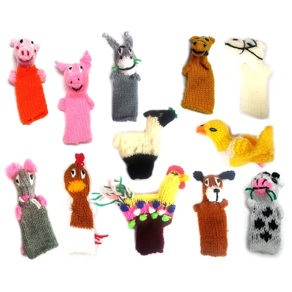 Wool Knit Finger Puppets 12 Piece Set - Handmade Kids Children Educational Gifts Story Telling Playtime Family Toys - 1 Dozen Assorted Pet Farm Animals Theme
