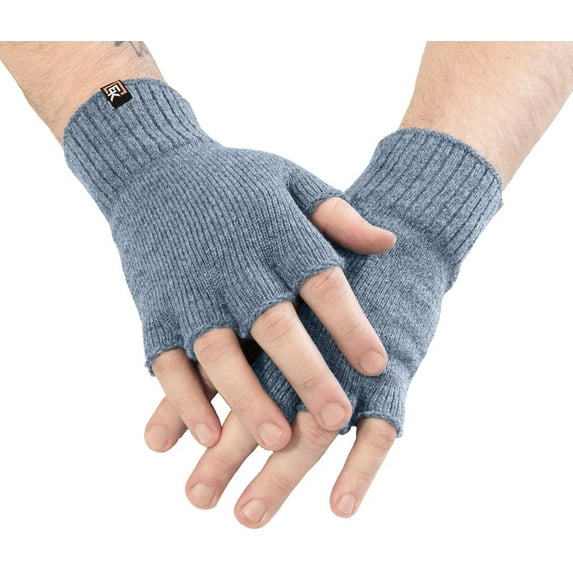 Wool Knit Fingerless Gloves - Made in the USA - Super Soft Merino Wool - Large - Blue Grey
