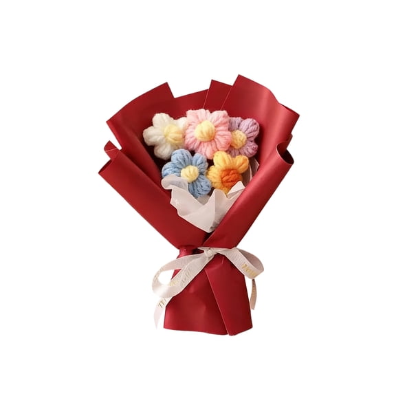 Wool Knitted Flower Bouquet 5 Flowers, Handmade Crochet Ornament, Ideal Gift for Mom Teacher Festival Celebration