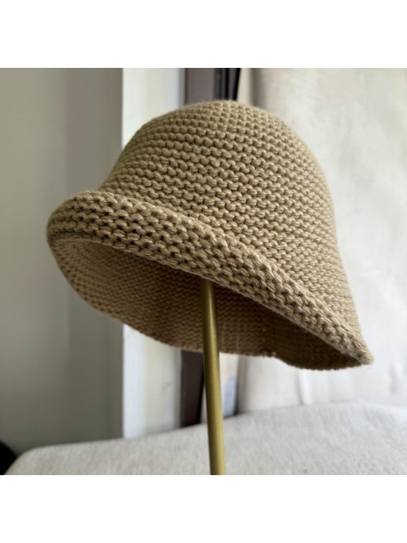 Wool Knitted Rolled Edge Bucket Hat for Women Winter Warm Fisherman Hat Large Head Circumference Slouchy Beanie, Khaki
