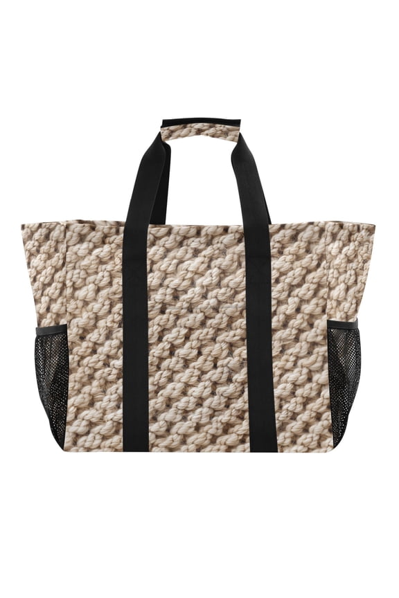 Wool Knitting Pattern Reusable Grocery Bags with Handle Side Pocket Waterproof Shopping Portable Tote